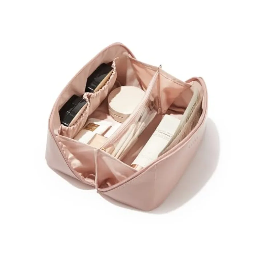 

Travel Makeup Bag, Capacity Cosmetic Bag for Women, Waterproof PU Leather, Flat Open Portable Toiletry Bag for Skincare, Brushe