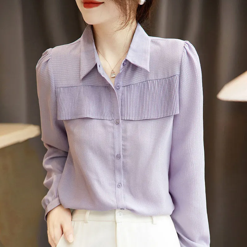 Spring Autumn Patchwork Shirt Commute Casual Gingham Solid Color Female Clothing Single-breasted Korean Polo-Neck Loose Blouse