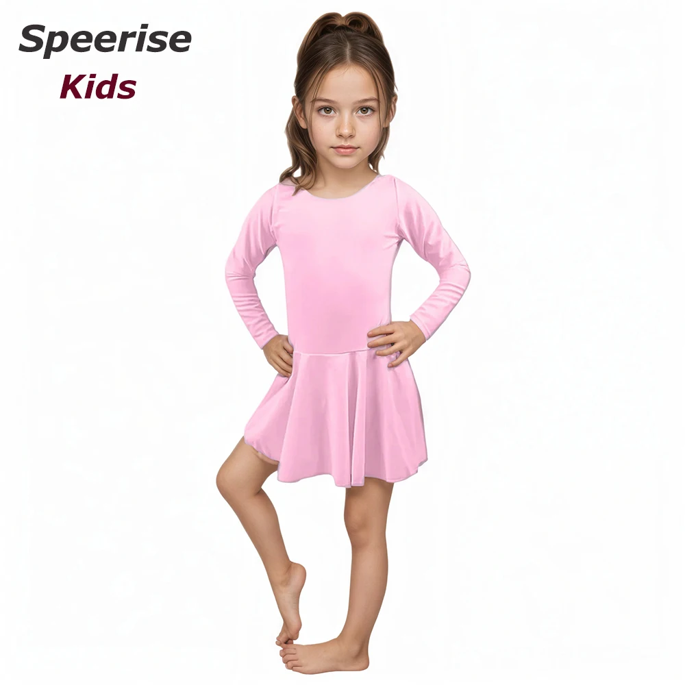 Strój baletowy dla dzieci Speerise z spódniczką, sukienka do tańca dla dziewczynek, nylonowy strój do tańca latynoamerykańskiego z długim rękawem, dekolt okrągły, kostiumy gimnastyczne, odzież.