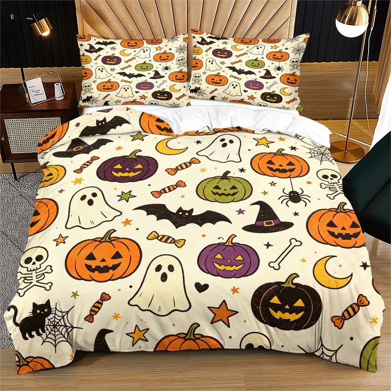 2/3Pcs Cute Halloween Duvet Cover Set, Polyester, Multi‑Size, Cartoon Pumpkin Ghost Spider Print, No Filling & Pillow Inserts