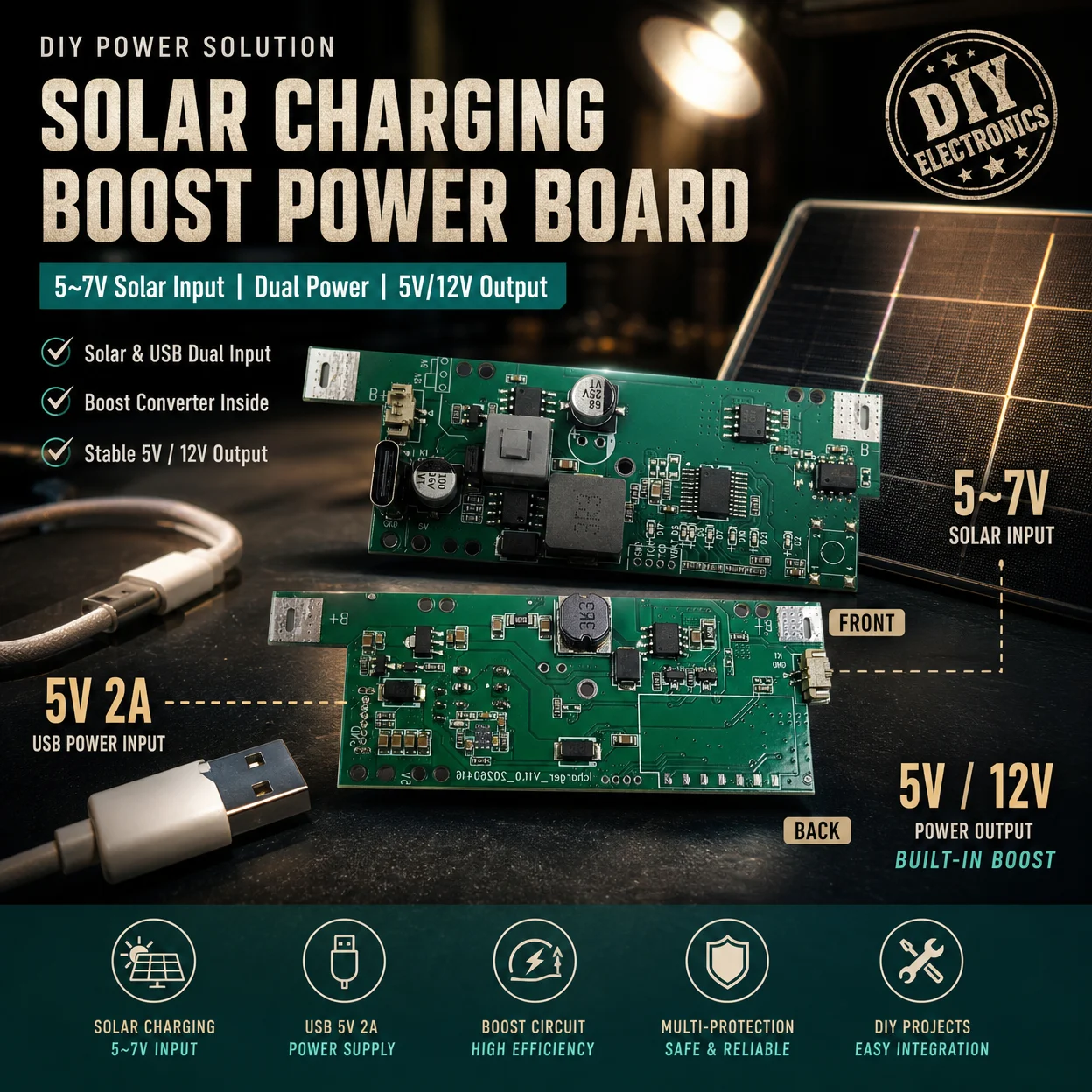 Solar Charger Board, 5-7V PV Panel & 5V2A USB Dual Charging, Built-in Boost Circuit, 5V/12V Output, LED Power & Status Indicator