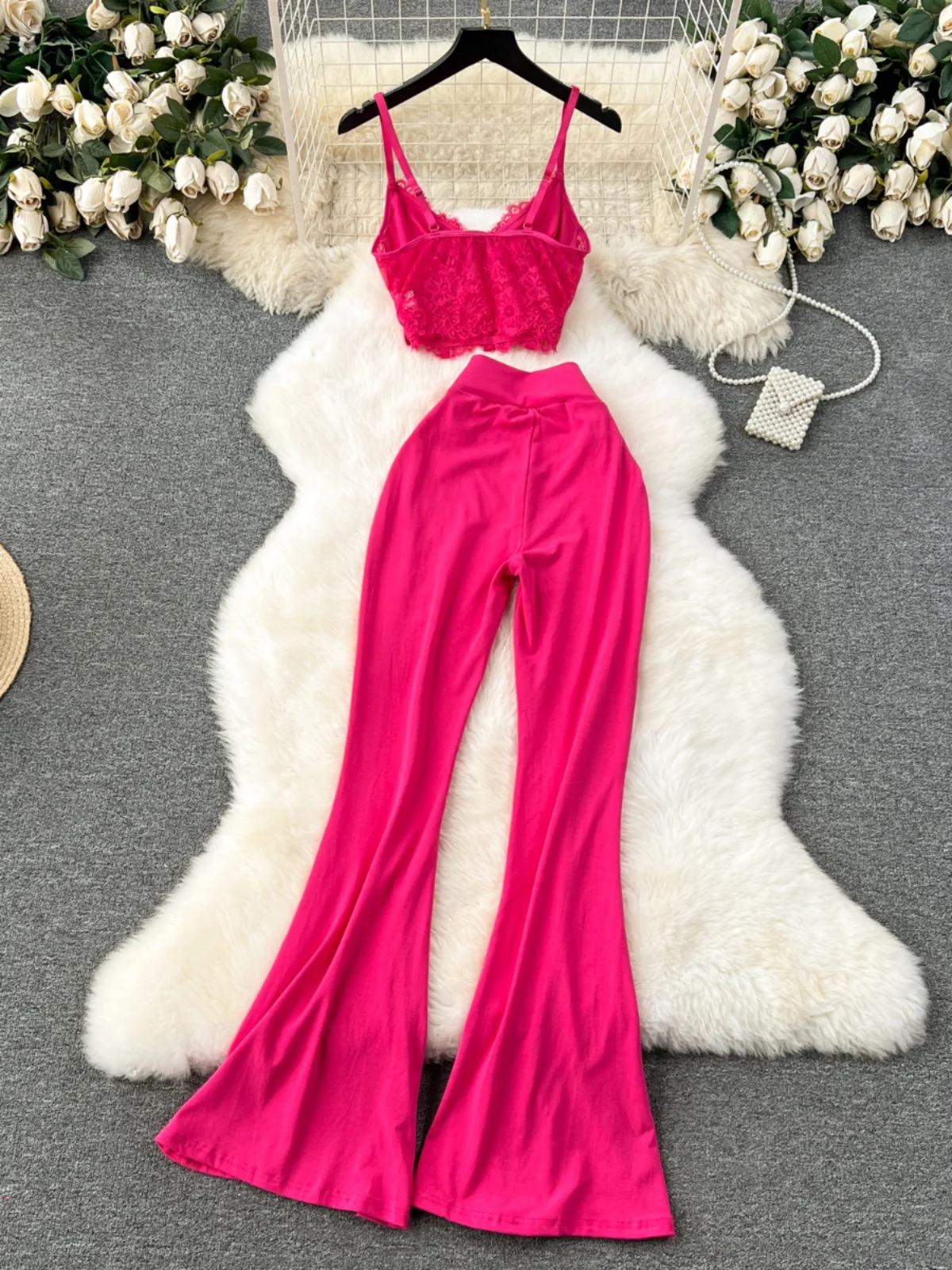

Sexy Lace Crop Top And High Waist Flared Pants Two Piece Set for Young Women Trendy Dancing Outfit That Flatters Your Figure