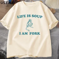 Life Is Soup I Am Fork Frog Grafik-T-Shirt aus Baumwolle, Unisex, lustiges Retro-T-Shirt, Sommer-T-Shirt mit Tiermotiv, Frog-Meme-T-Shirts