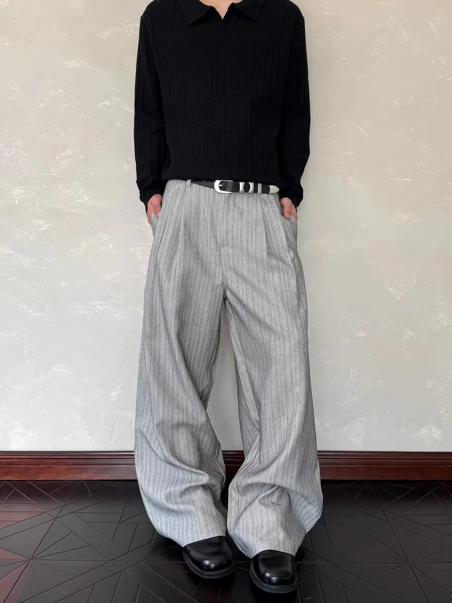 

Мужские повседневные брюки в полоску в американском стиле ретро, свободный крой, трапециевидной формы, широкий крой, прямой крой, двойная складка, удобное полиэфирное волокно