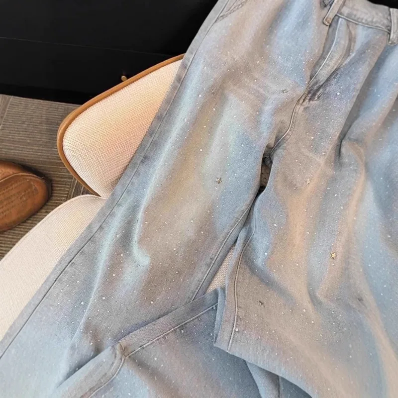 2025 calças jeans resistentes de verão feminino – cintura alta luz lavagem estrela strass, calças retas de perna larga drapeadas emagrecimento