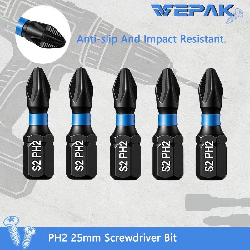 VEPAK VP1PH2025-1 Impact Bits PH2 25MM 5PCS S2 Steel High Hardness Anti-slip Durable Screwdriver Bit Tool Attachments