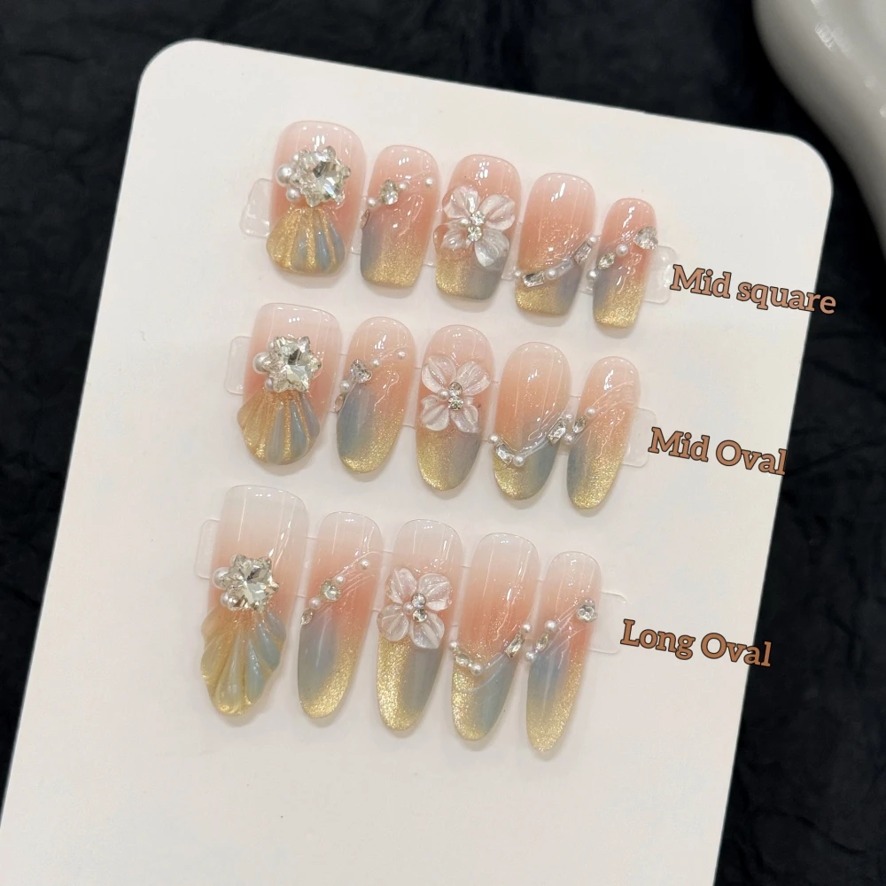 مجموعة أظافر مصنوعة يدويًا اضغط على عين القطة حورية البحر ثلاثية الأبعاد أظافر صناعية فرنسية مع غراء متوسط الطول من الأكريليك غطاء كامل أطراف أظافر مانيكير #1