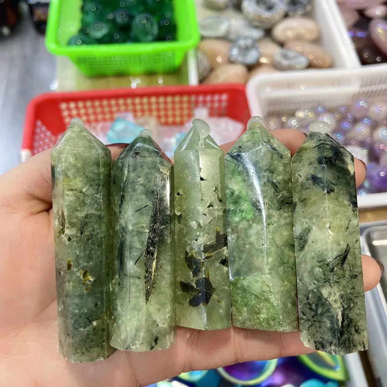 7-9cm Natural Crystal Quartz Prehnite Wand Point Healing Stones Aquarium Crafts Making Ornaments Home Deco 1pc