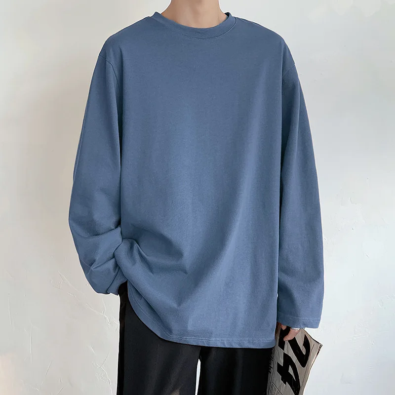 Spring Autumn Crew Neck Pullover Long Sleeve T-Shirt Men's Simple Style Solid Color Loose Tops Male Casual Teenagers Trend Tees