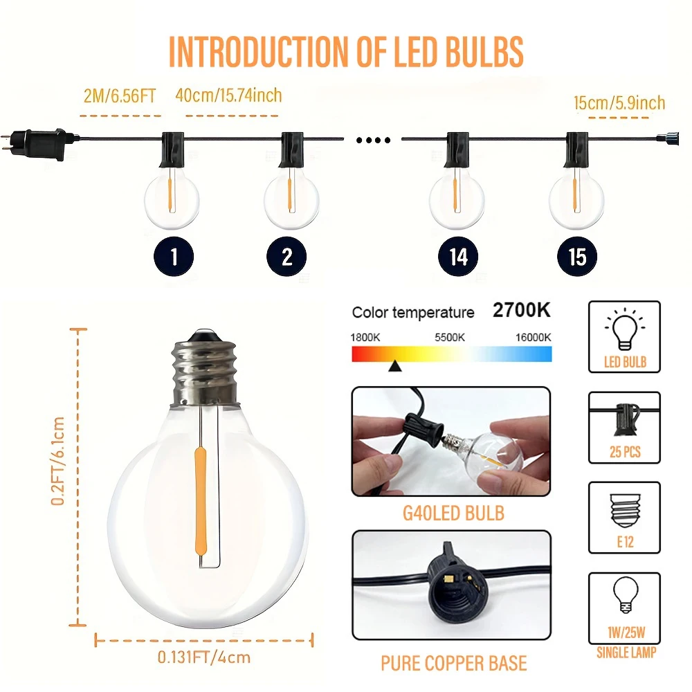 LED G40 bola tali lampu tahan air luar ruangan taman karangan bunga tali lampu teras taman Pub pesta Natal dekorasi