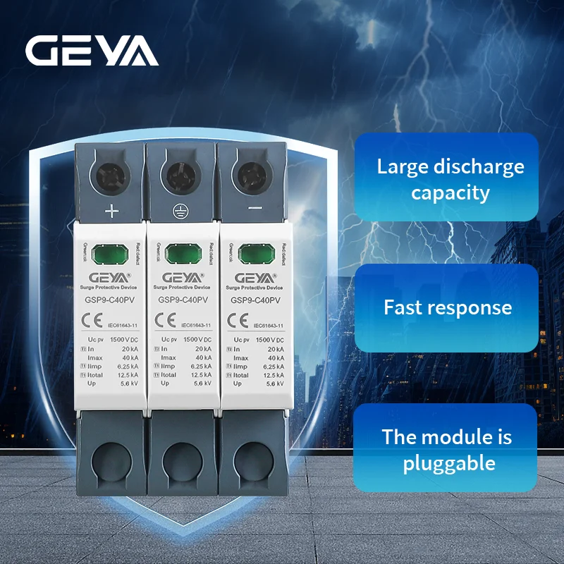 GEYA DC SPD Surge Protective Device 3P 1000V 1500V 40KA Voltage Protector Solar PV Photovoltaic Lightning Protection Arrester
