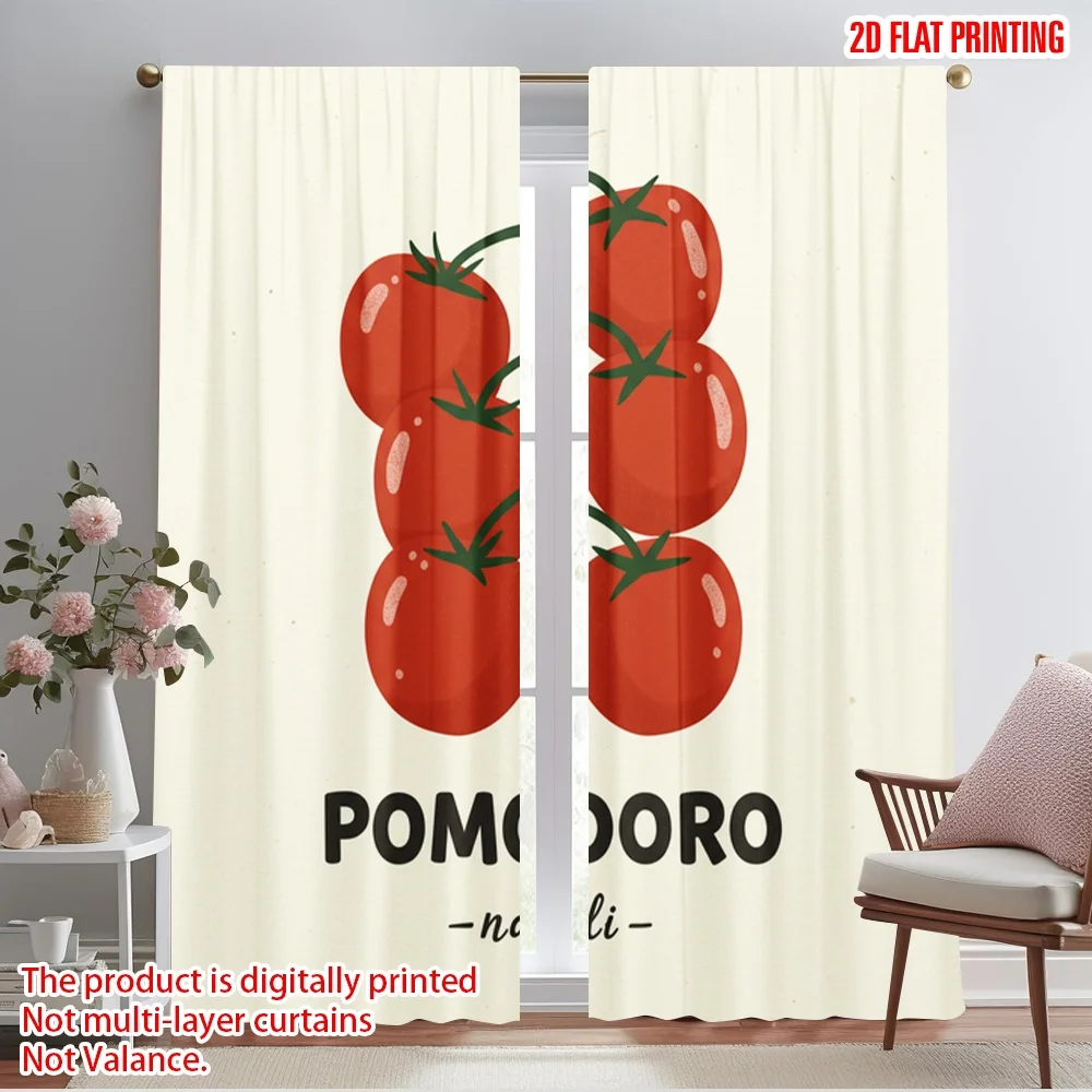 

2pcs 2D flat printing Curtains Cherry Tomatoes Napoli Polyester Fabric Without Electricity Festive Wall Decor for New Year and