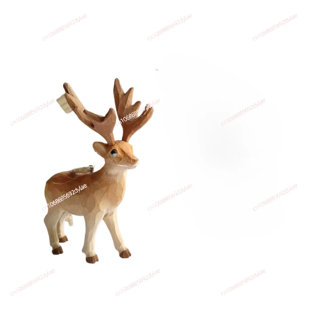 European Style Solid Wood Handcrafted Animal Reindeer Wood Carving Home Accessories, Small Ornaments, Modern Minimali