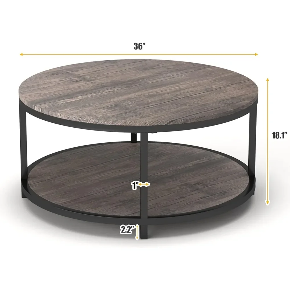 Mesa de café redonda para sala de estar, 2 camadas, mesa de madeira rústica com prateleira, design moderno, mobília doméstica, 36"