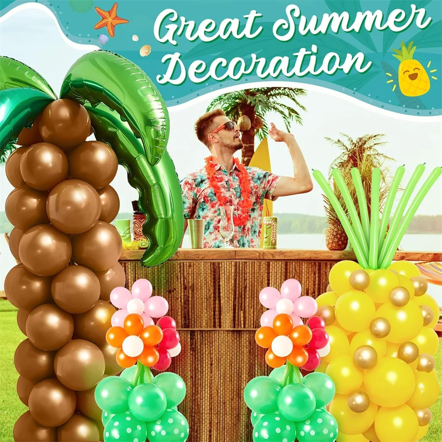 60 Tropical Flower Lei Pineapple Balloons - Pineapple Shaped Decorations for Birthday, Hawaiian Beach, and Summer Party