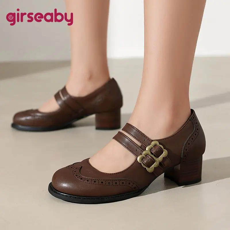 

Girseaby 2025 Retro Women Pumps Round Toe Block Heels 4.5cm Double Buckle Strap Metal Decor Big Size 41 42 43 Mary Janes Shoes