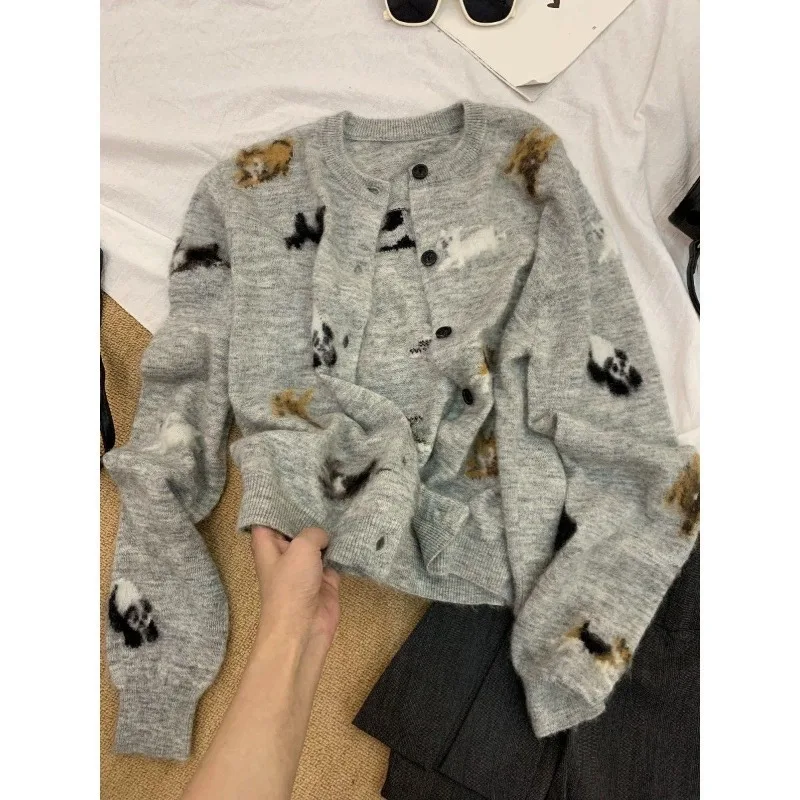 Pull Femme Dog Jacquard Round Neck Knitted Cardigan Jacket Y2k Autumn New Vintage Knitwear Sweater Women Print  Tops