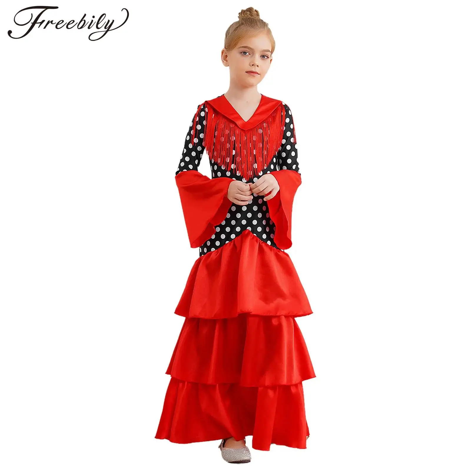 Girl Flamenco Dance Costume Flared Tiered Dress Polka Dots Print Dress Stage Performance Dancewear