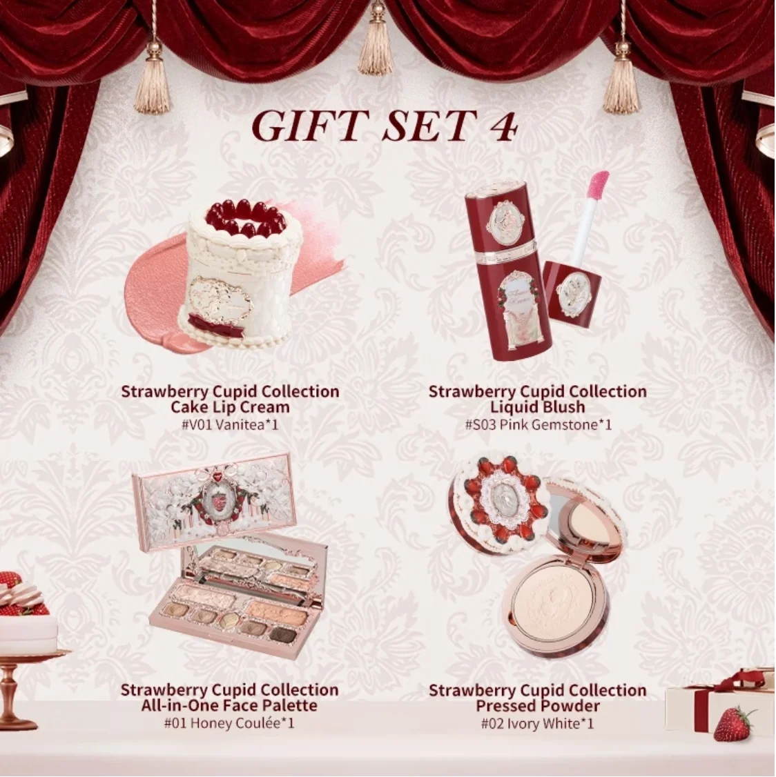 Flower Knows Sweetheart four-piece set Strawberry Cupid Collection Pressed Powder/ Lipstick / Liquid Blush Face Makeup Original