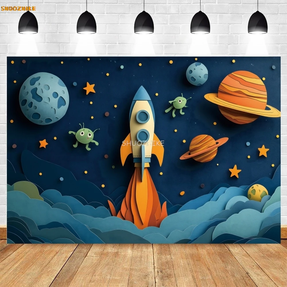 Sfondo astronauta razzo Pianeti cosmici Stelle Nuvole Baby Shower Bambini Festa di compleanno Sfondo fotografico Puntelli per studio fotografico