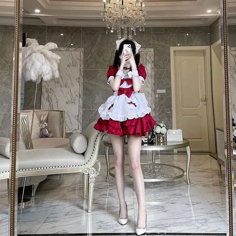 

Sweet Red Sexy Maid Costume Cosplay Two-dimensional Maid Uniform Suit Cos Lolita Dress JK Christmas Uniform