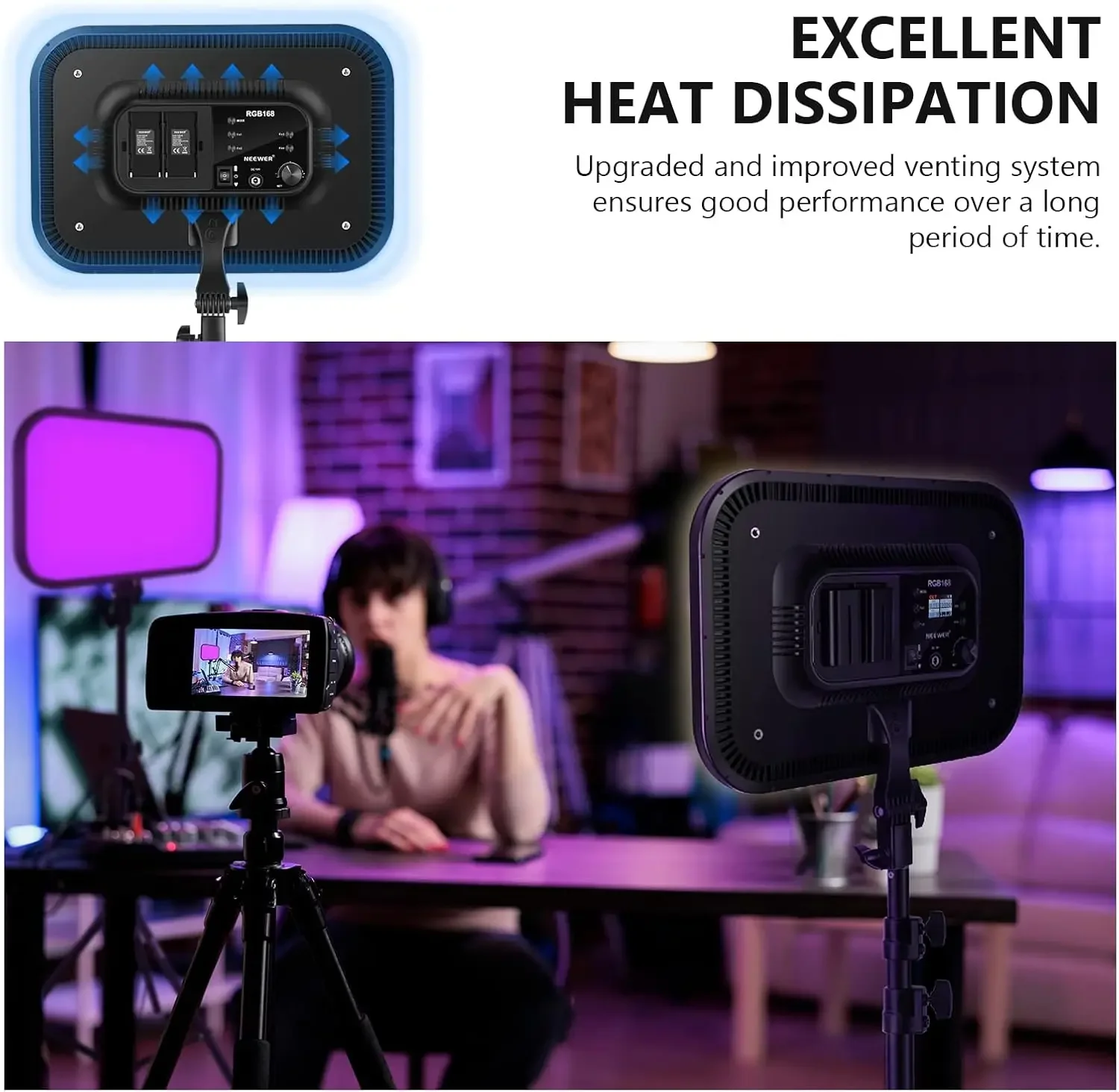 Pannello video LED RGB da 18,3" con controllo app, kit supporto da 2 pezzi, 360 °   Full Color/2500K~8500K/CRI97+/17 Effetti scena, 60W RGB