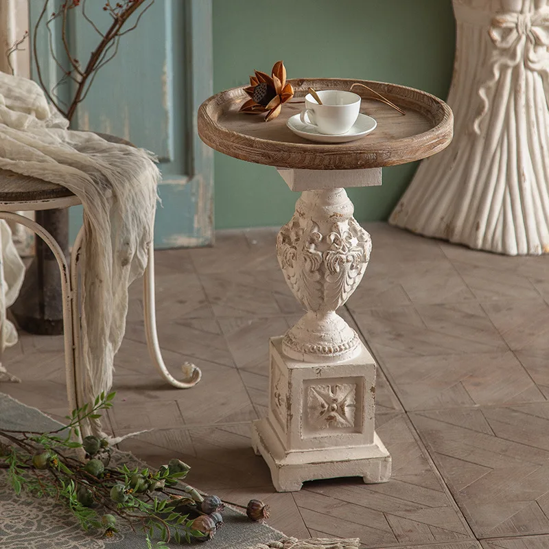 

solid wood small coffee table mini balcony casual small round table sofa edge creative living room carved corner