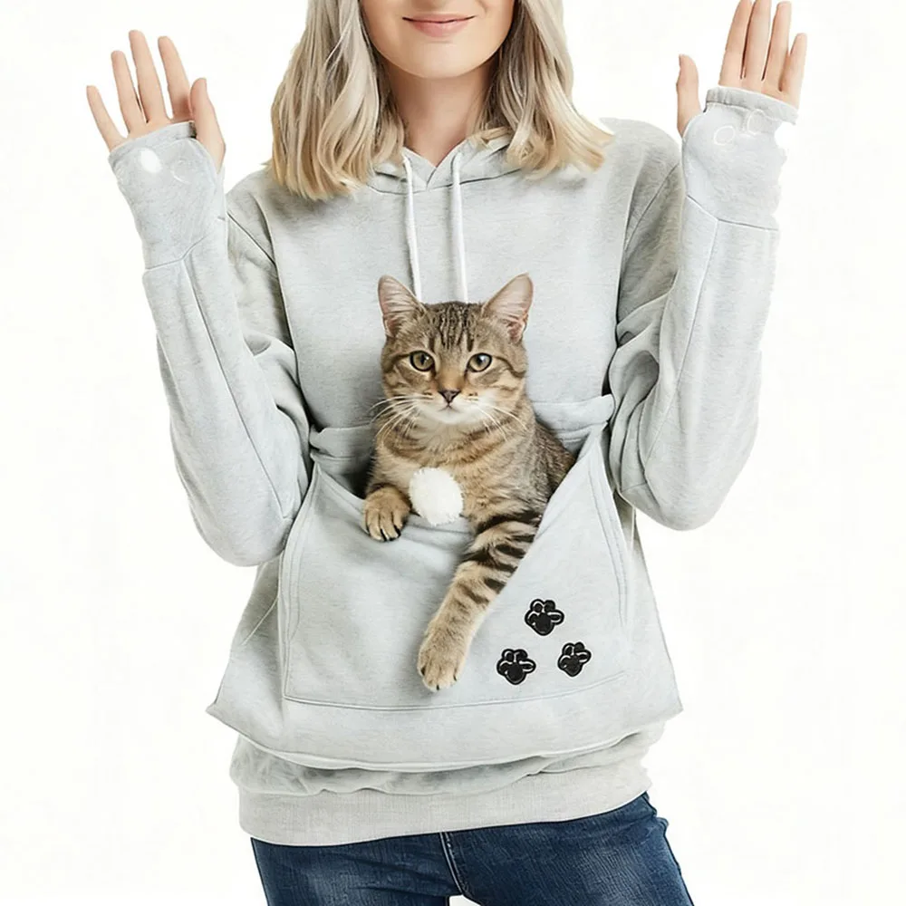 Autumn Winter Women'S Chic Streetwear Fleece Hoodie With Large Pocket For Cat Pet Carrier Thick Solid кофта женская