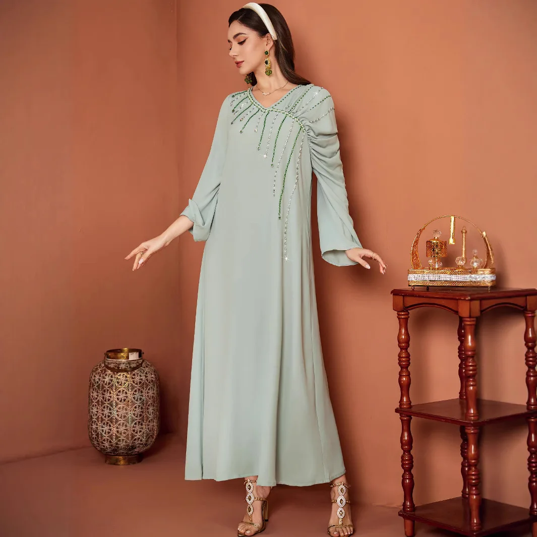 Women Light Green Solid Color Diamond Asymmetrical Sleeve V-neck Loose Fit Trendy Abaya Dress Middle East Muslim Clothes Loriya