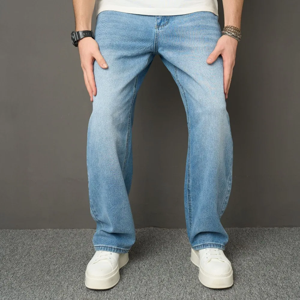 Denim Pants Men Jeans Long Pant Zipper Splice Simple Pockets Casual Print Regular Autumn Winter High Waist Straight Trousers