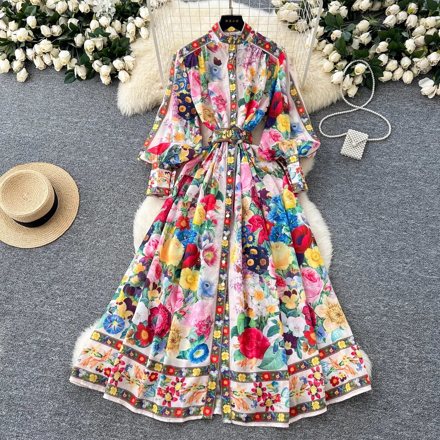 

Spring Summer Holiday Gorgeous Flower Chiffon Dresses Women's Stand Long Lantern Sleeve Belt Floral Print Loose Robe Vestidos