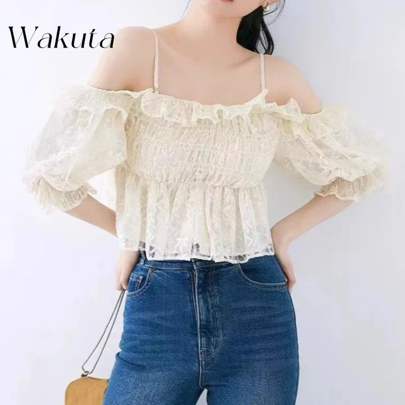 

KAMEHARA Y2k Retro Sweet Ruffle Bubble Sleeves T-shirt Japanese Harajuku One Neck Off Shoulder Fold Slimming Women's Strap Camis