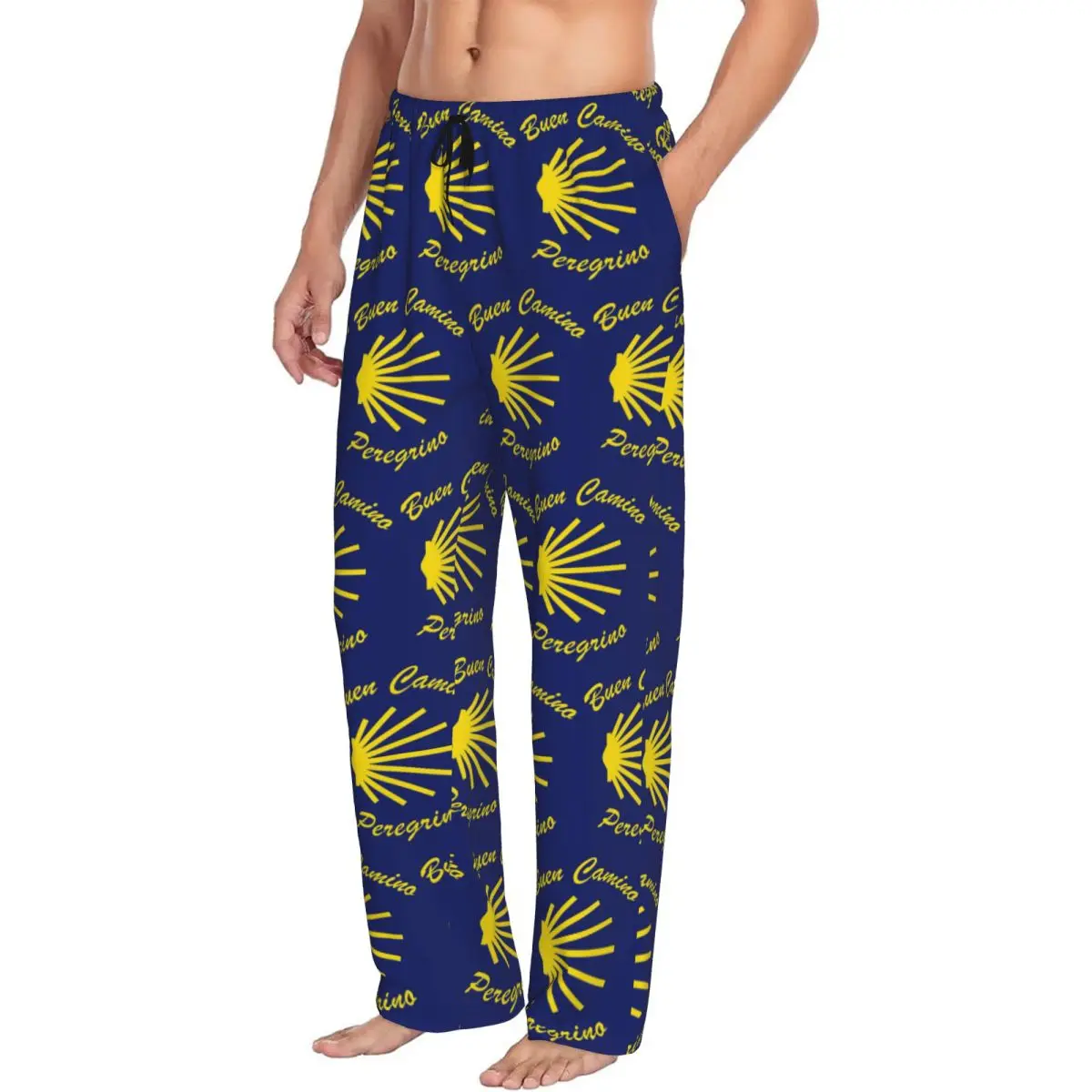 Custom Yellow Camino De Santiago Scallop Shell Men Pajama Pants Lounge Sleep Sleepwear Bottoms with Pockets