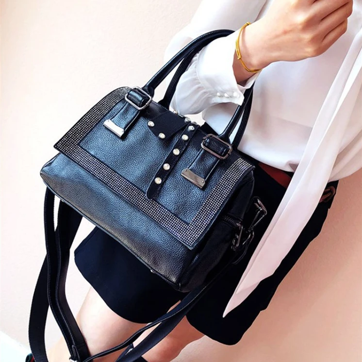 Female Fashion Vegan Leather Glitter Shiny Rhinestone Medium Size Boston Bag Short Handles Work Commuter Daily Side Shoulder Bag