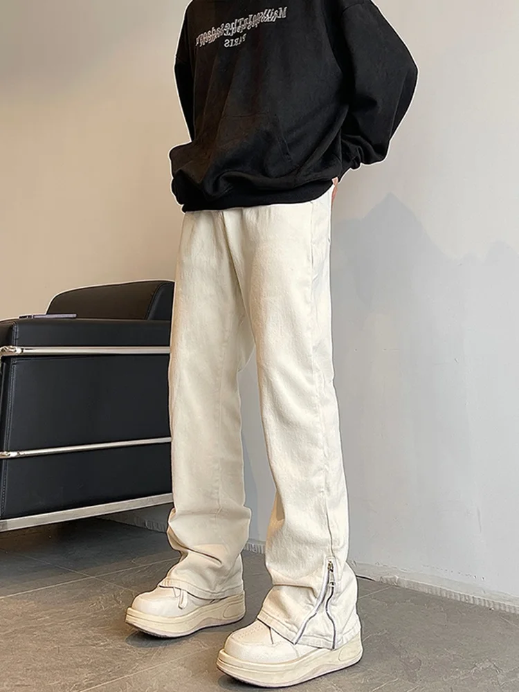 

Slim Fit Straight Leg Jeans Men's Autumn American Vibe Wind Pants Cool Zipper Slit Raise Hip Micro Flare Long Pants