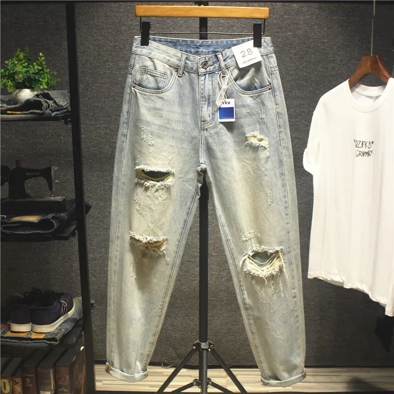 

Summer Light Wa American Loose Straight Leg Jeans Men's Premium Waed Hole Trendy Harlan Pants mid Waist Long Trousers