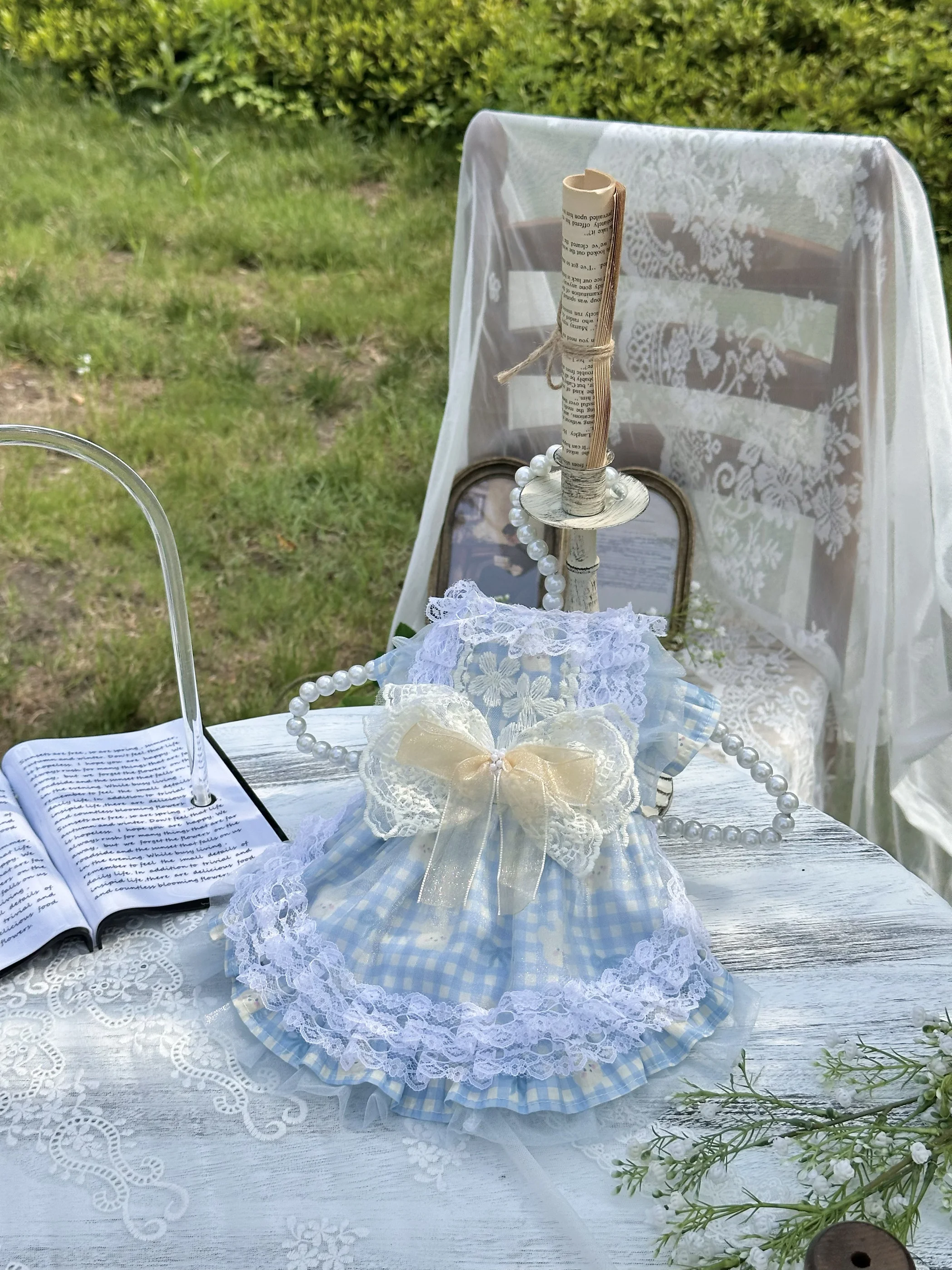 

Одежда для собак Lumi Blue And Apricot: сетчатая одежда в клетку с жемчугом и дизайном кролика, весенне-летняя новинка, модные аксессуары для питомцев