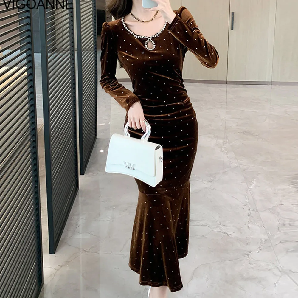 VigoAnne 2025 Autumn Solid Slim Mermaid Velvet Dress Woman Long Sleeve Korean Dress Lady Crystal Evening Party Tight Long Dress