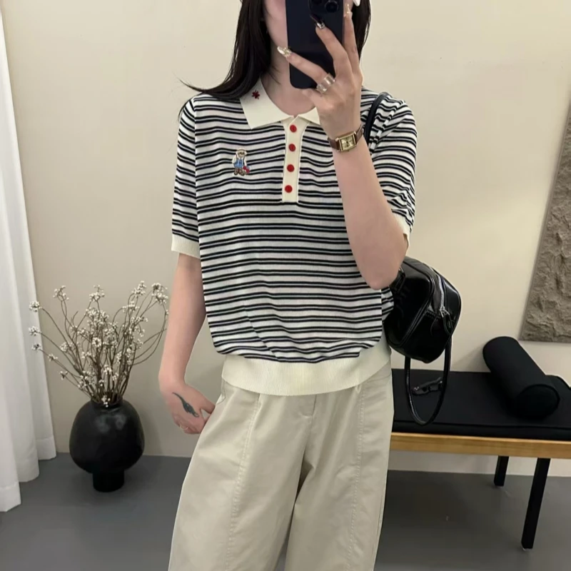 Women's collar knitted short sleeved summer new 100% Lyocell striped vest fashion large-sized pullover T-shirt vest cool feeling