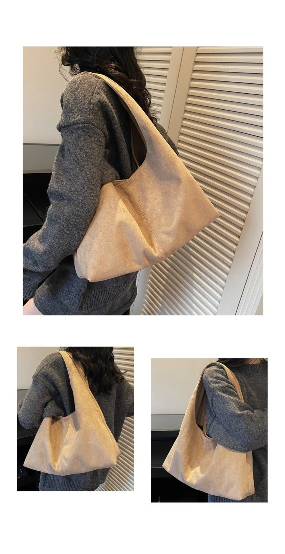 Lässige Retro-Damen-Schultertasche aus Wildleder mit großem Fassungsvermögen, einfarbige Shopper-Tasche – Detail 4