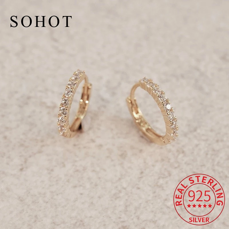 

Real 925 Sterling Silver Zircon Round 14k Gold Hoop Earrings for Women Trendy Exquisite Fine Jewelry Summer OL Accessories