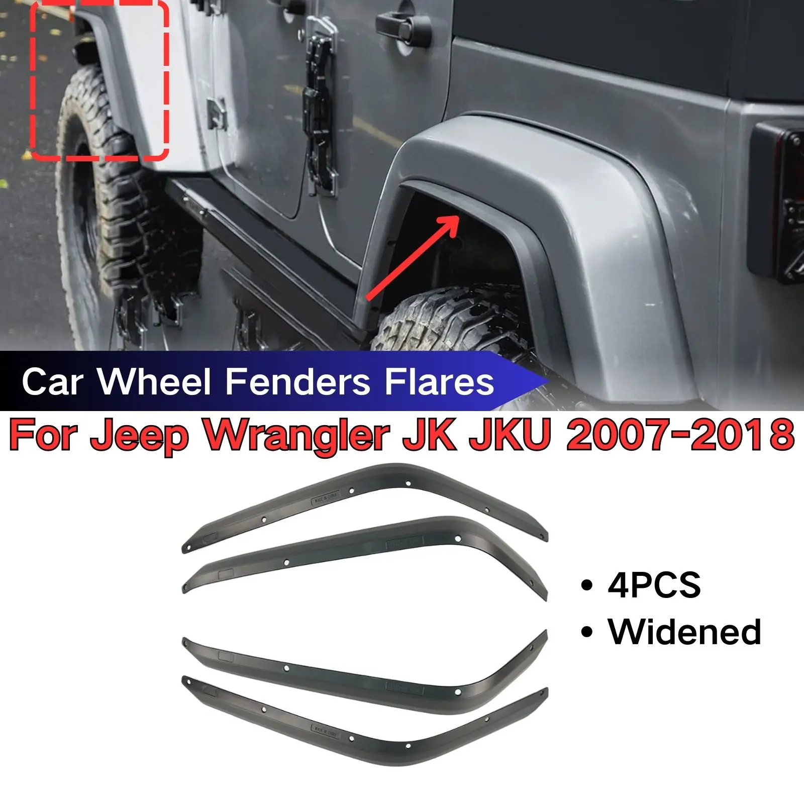 For Jeep Wrangler JK JKU 2007 2008 2009 2010-2018 Widened Wheel Fenders Flares Extension Cars Accessories A Set Black Body Kit