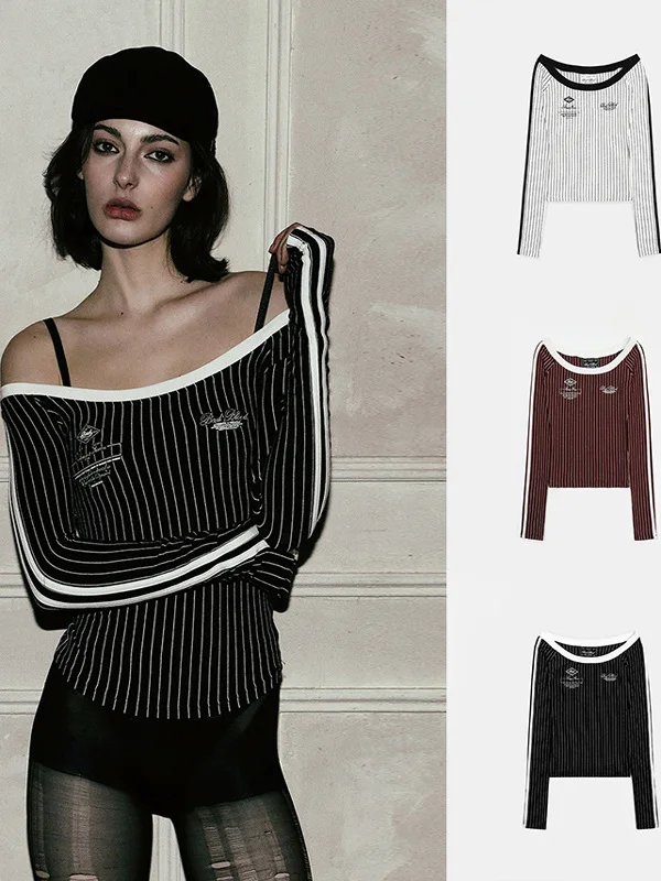 슬림핏 스트라이프 원숄더 롱 슬리브 티셔츠 레트로 아메리칸 스타일 섹시한 여성 순수한 욕망 트렌디 여성용 코튼 티셔츠