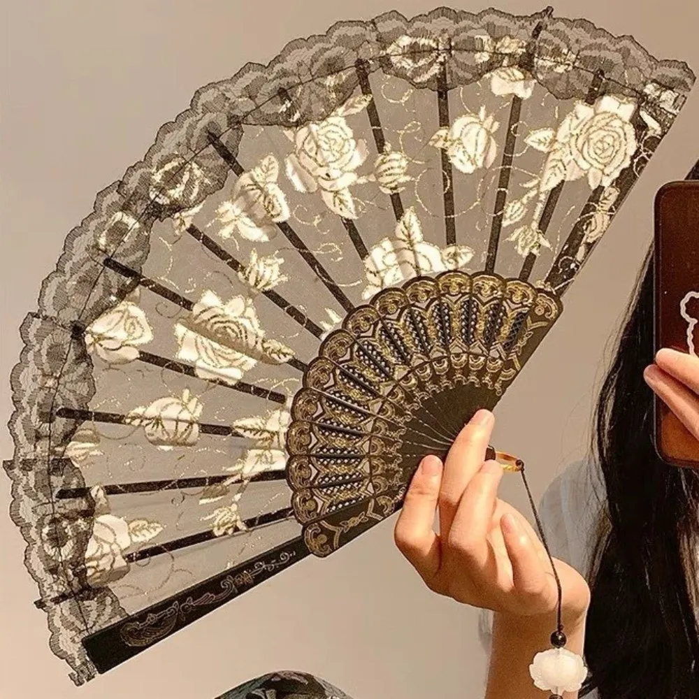 Useful Floral Pattern Lace Hand Fan Tassel Design Small Size Handheld Fan Chinese Style Foldable Folding Fan Photo Props