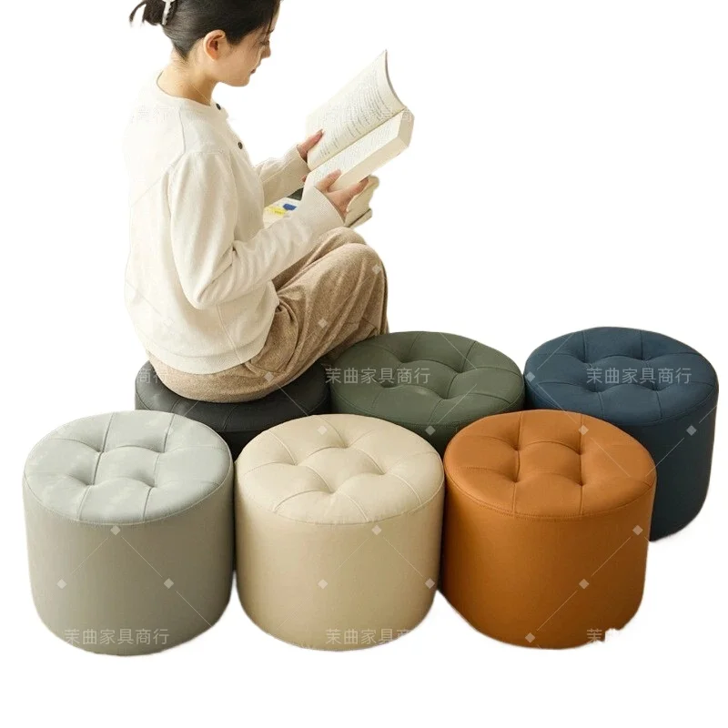 

for Home Use Low Round Stool for Living Room Cat Paw PU Leather Footstool Solid Wood Adult Soft Seat Pouf Shoe Changing Bench