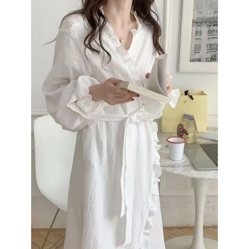 

Home Dress Nightgown Nightdress Bathrobe 2023 New Fall Pajamas Pure Wind V-neck Solid Color Ins Wind Lacing Sexy