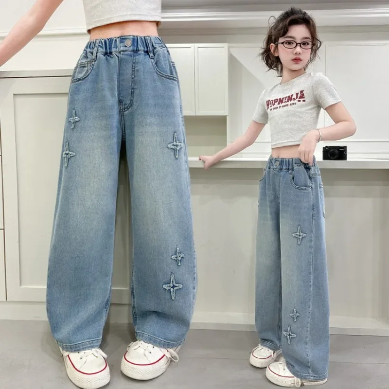 

New 2025 Girls Loose Wide-leg Jeans Trousers Children Fashion Solid Straight Denim Pants Spring Autumn Clothing 5-12 Years