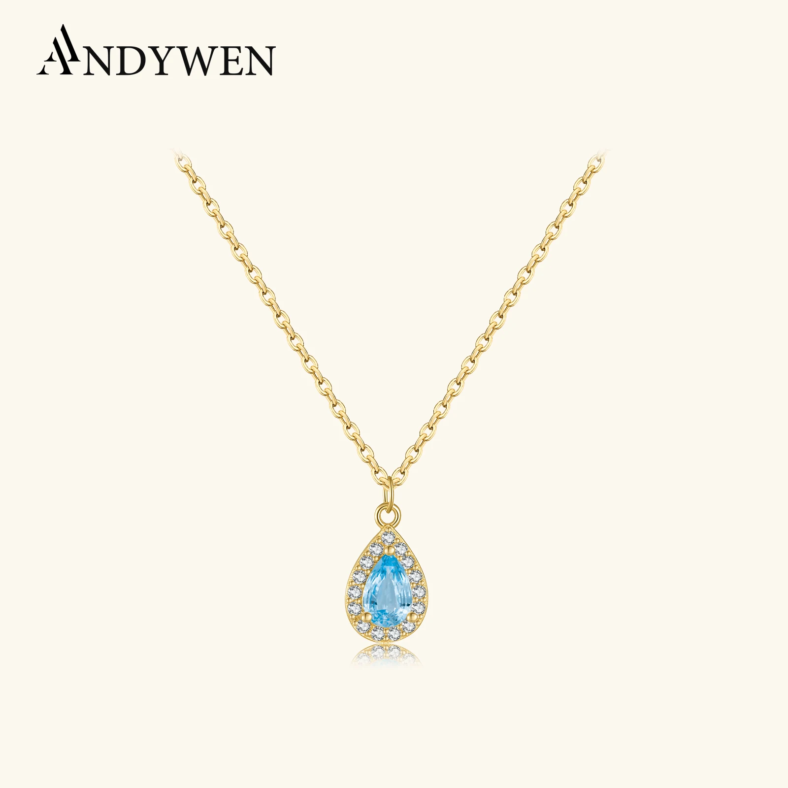 

ANDYWEN Стерлингового Серебра 925, светло-голубой кулон в форме капли воды, подвеска в форме капли, ожерелье с кристаллами, длинное колье, ювелирные изделия, подарок