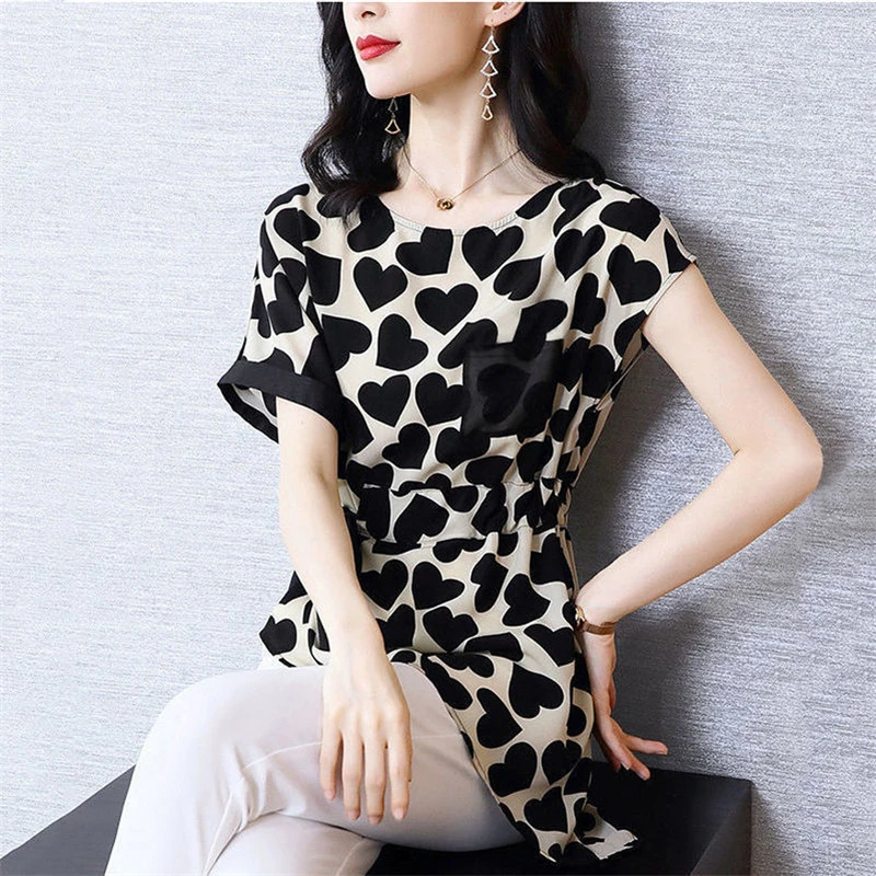 Elegant Chic Lace Up Love Print Short Sleeve Asymmetric Tunic Shirts Summer 2023 New Korean Fashion Slim Tops Blouses for Women