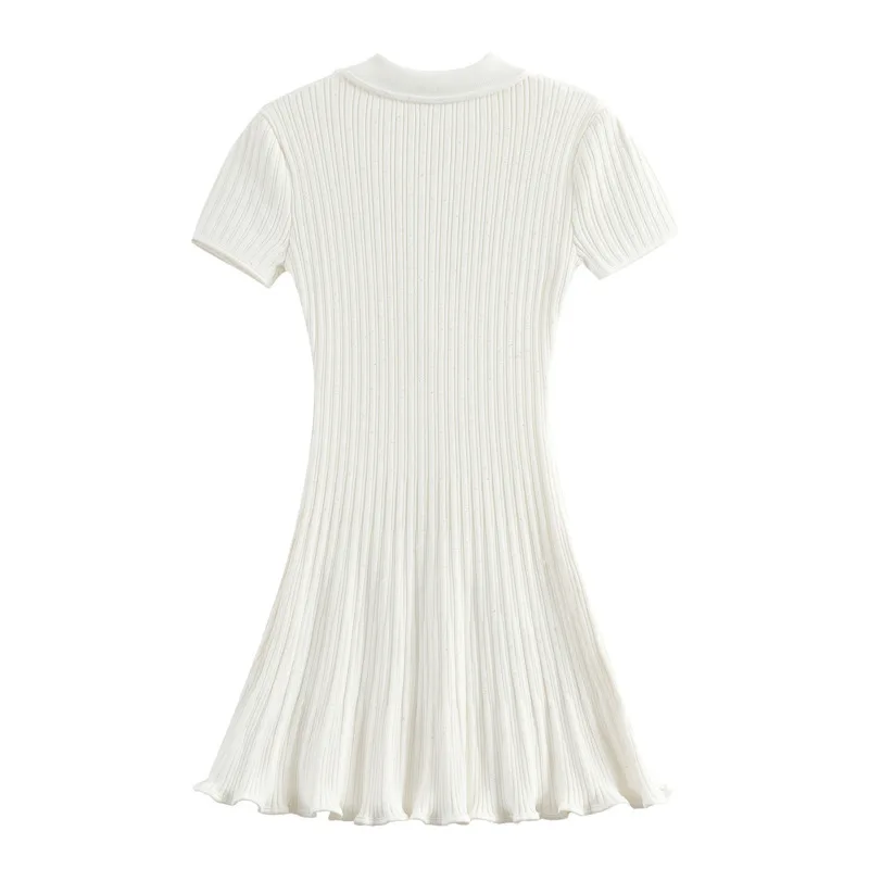 [oein] SP Spring/Summer New Clssic White Knitted Dress cinched wist slimming dimond studded thread A-line